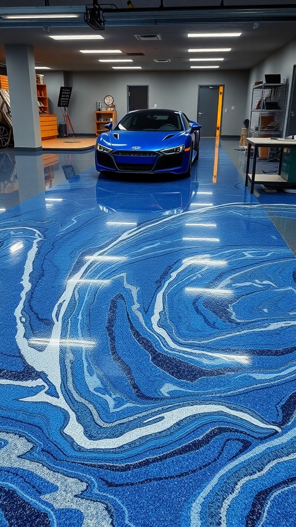 A garage with a blue metallic epoxy floor and a sports car.
