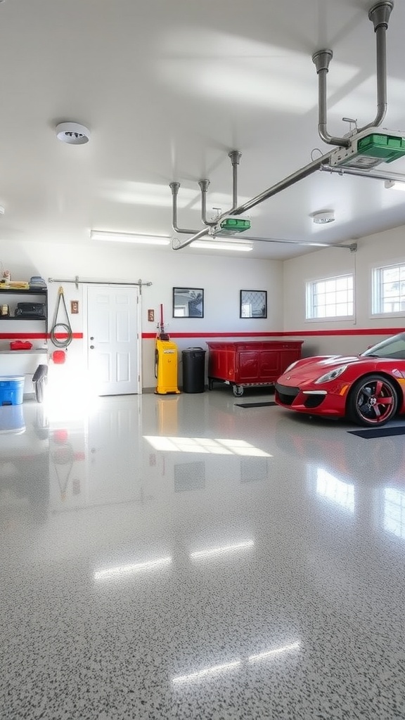 A stylish garage featuring a black car on a red epoxy floor with organized storage.