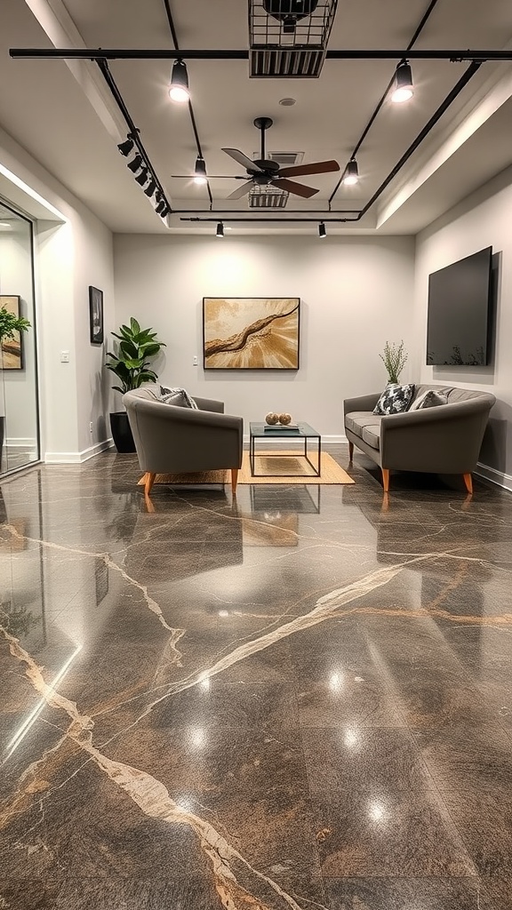 Luxurious epoxy floor with a marble-like finish in a modern setting, featuring stylish seating and artwork.