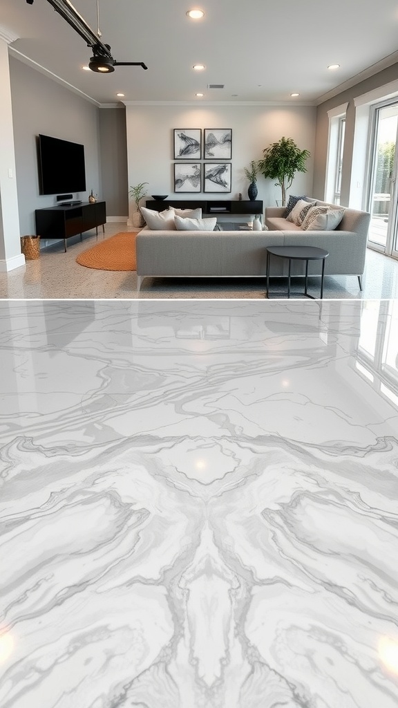 Stylish living room with white and grey epoxy flooring