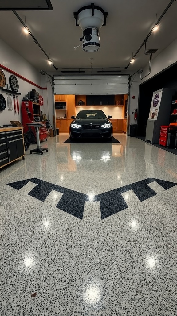 A well-designed garage with an epoxy floor featuring a decorative pattern and a black car.