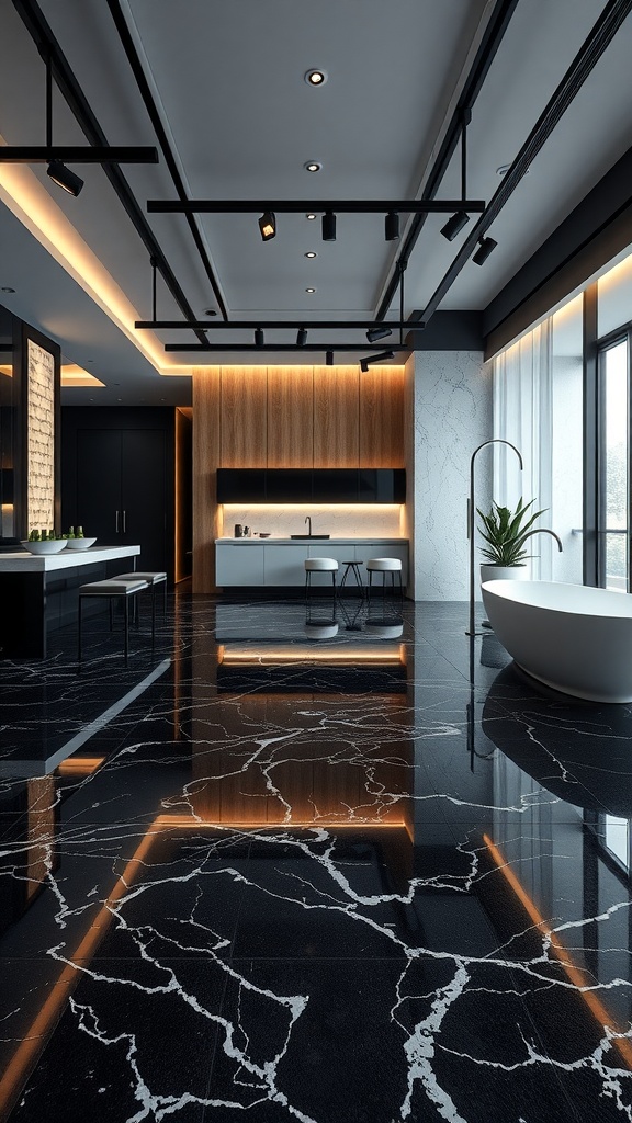 Modern kitchen with black epoxy floor featuring white marble veins, showcasing luxury and style.