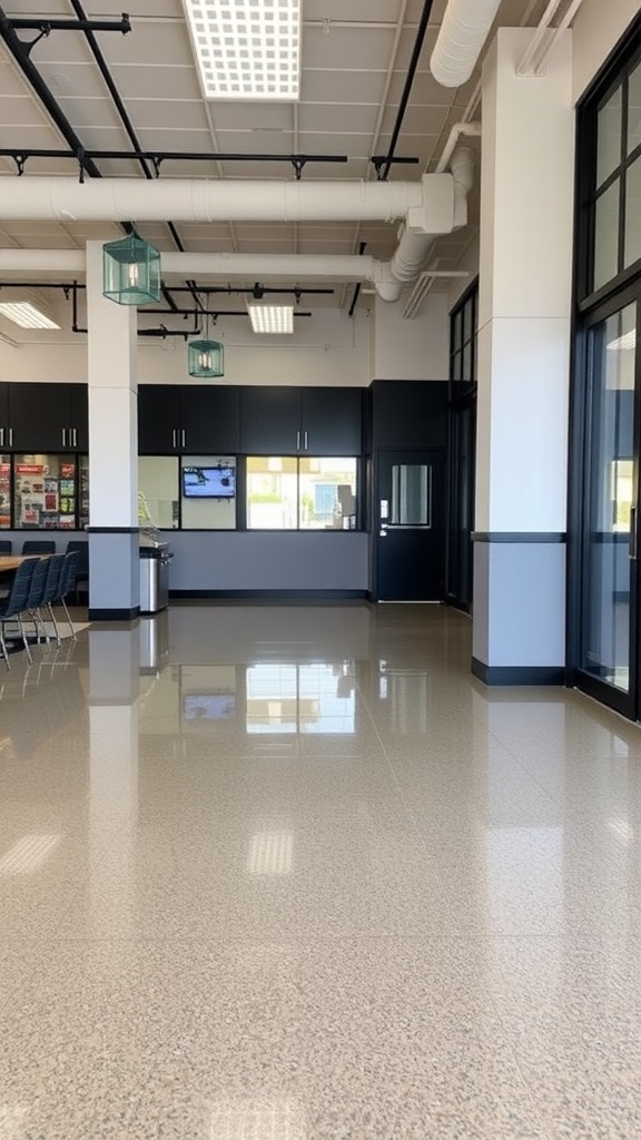 An artistic epoxy floor design featuring colorful fish, creating an immersive ocean-like experience in a commercial space.