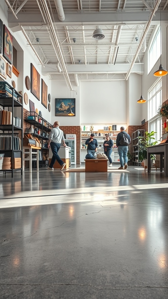 A bright commercial space with polished concrete flooring and people interacting.