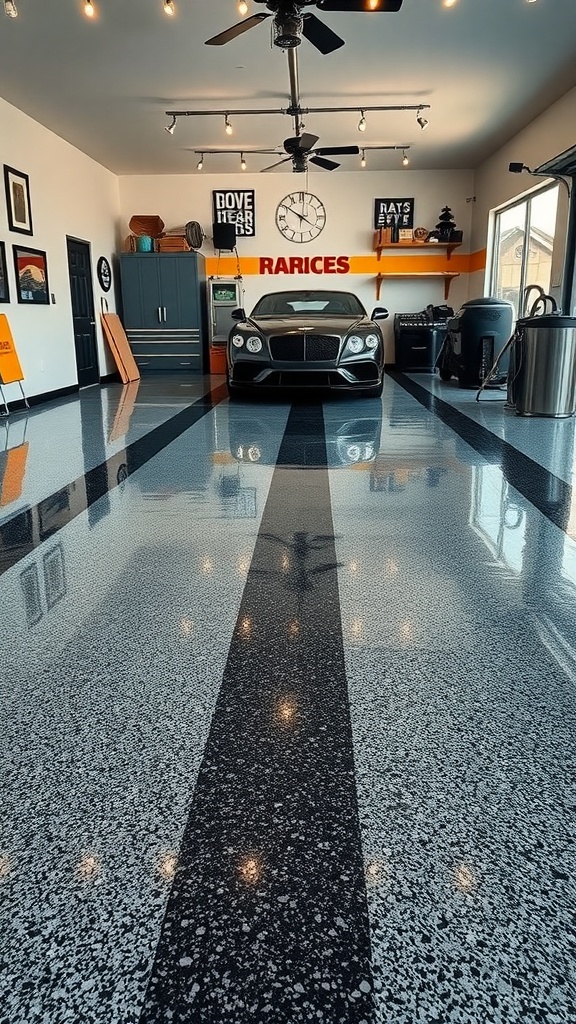 Shiny epoxy-coated garage floor with a luxury car parked.