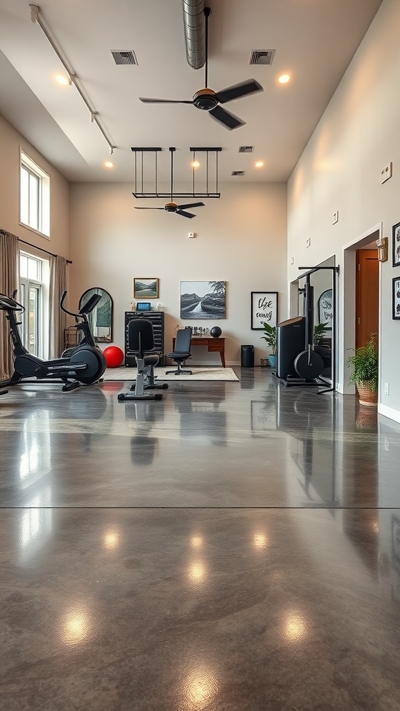 Modern home gym with polished epoxy concrete flooring and workout equipment.