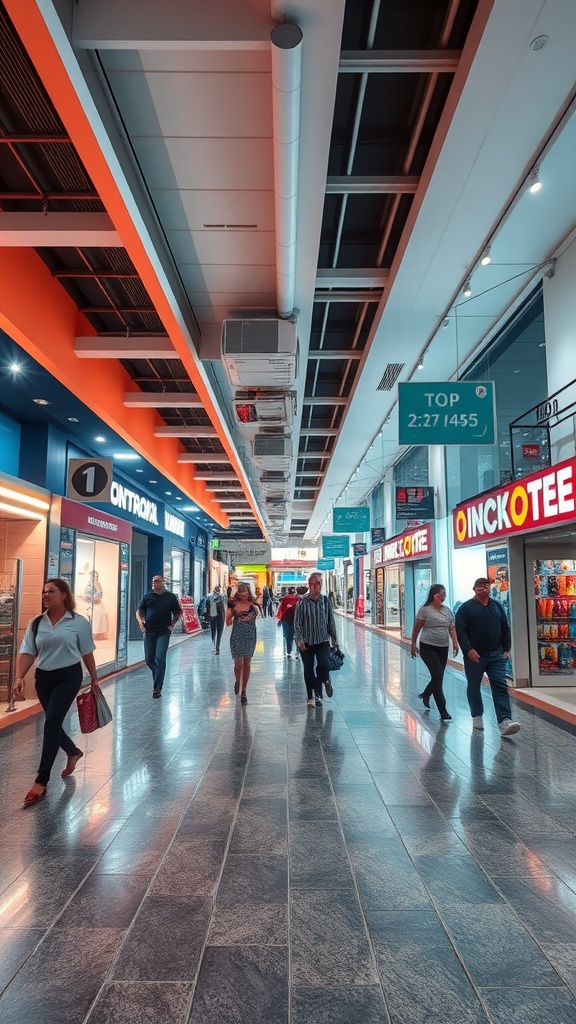 A busy shopping center showcasing the durability and visual appeal of epoxy floors with shoppers walking by.