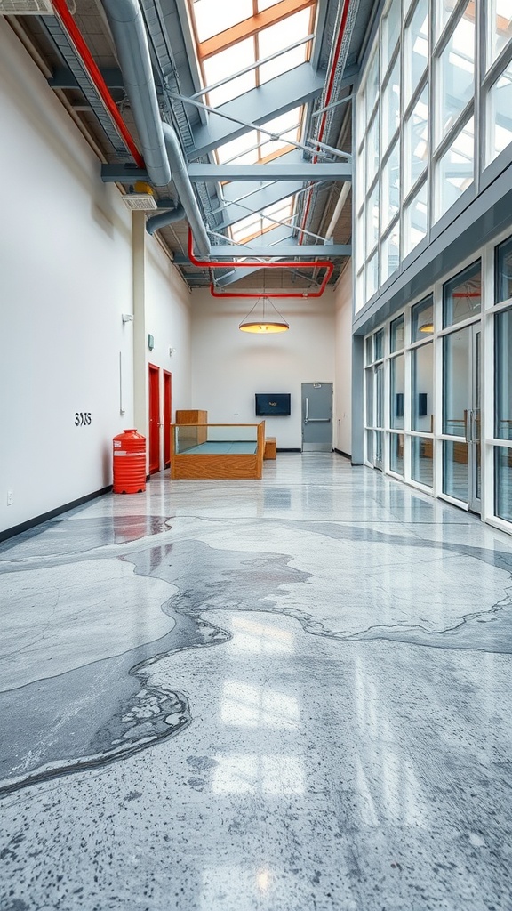 A vibrant and colorful epoxy floor in a commercial café setting