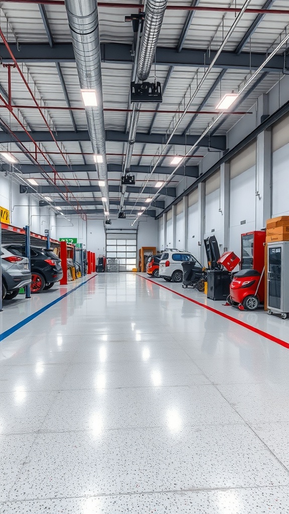 A modern garage with shiny epoxy flooring, featuring parked cars and organized tools.