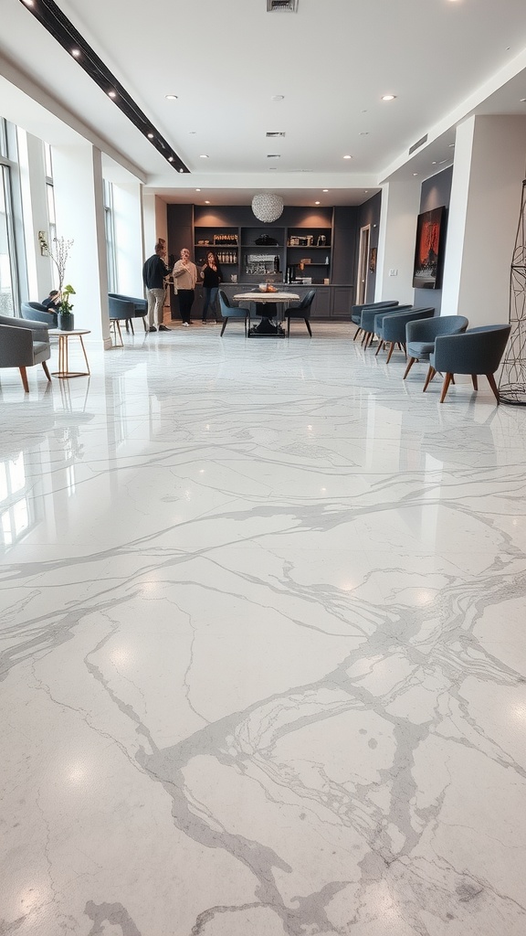 A modern commercial space featuring stylish white and grey epoxy floors.