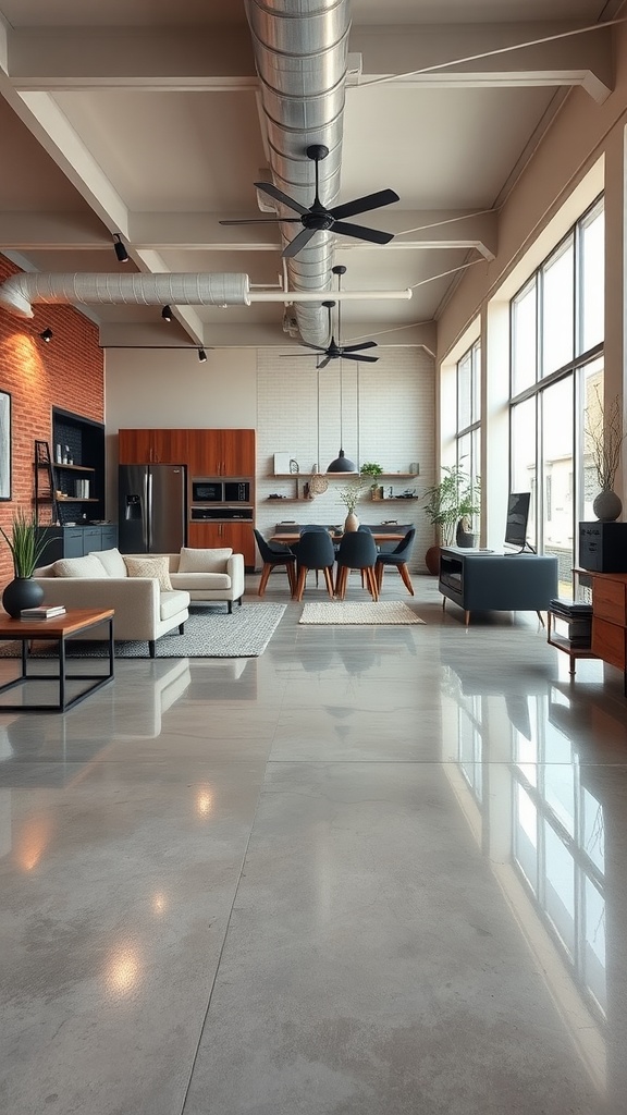 A modern commercial space featuring polished concrete floors, stylish furniture, and large windows.
