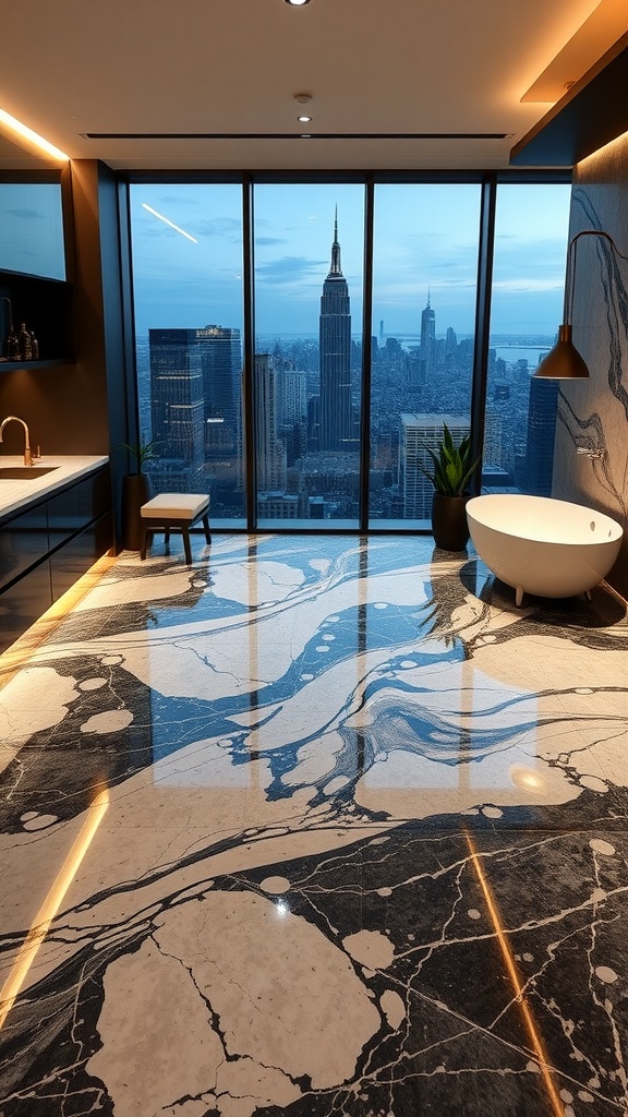 Luxurious bathroom with marble epoxy floor and panoramic city view