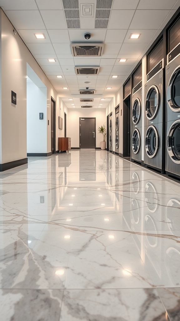 A modern laundry room featuring polished marble epoxy floors, showcasing a clean and stylish design.