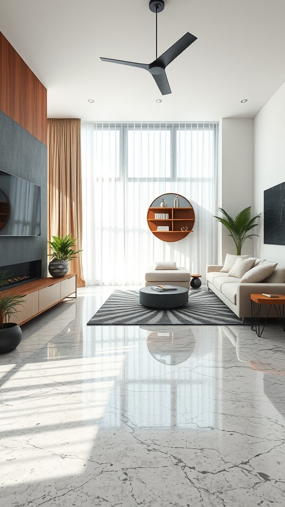 A modern living room with an epoxy floor that resembles marble, featuring a sofa, coffee table, and large windows.