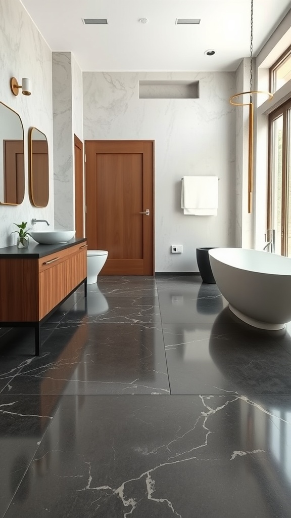 Stylish bathroom featuring black and white epoxy floor that mimics natural stone.