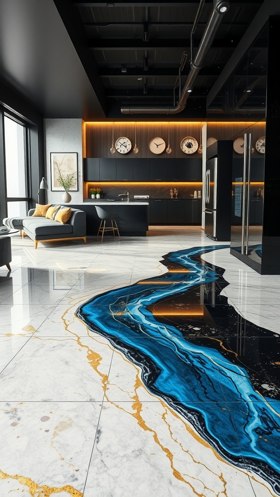 A stylish epoxy floor with blue and gold accents mimicking terrazzo in a modern kitchen setting