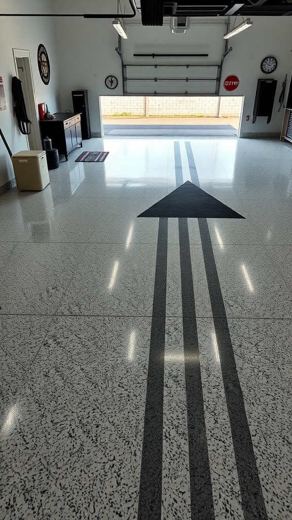 A modern garage with a glossy epoxy floor featuring a bold arrow design and flake finish.