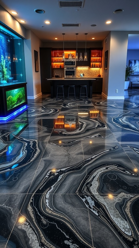 A modern kitchen with a stunning 3D epoxy floor that resembles marble, showcasing swirling patterns and a glossy finish.
