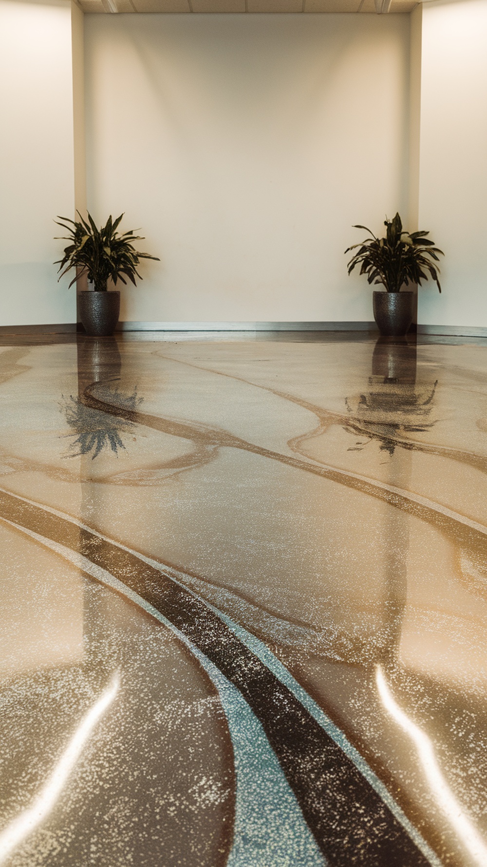 A beautifully designed 3D epoxy floor with swirling patterns and reflections.