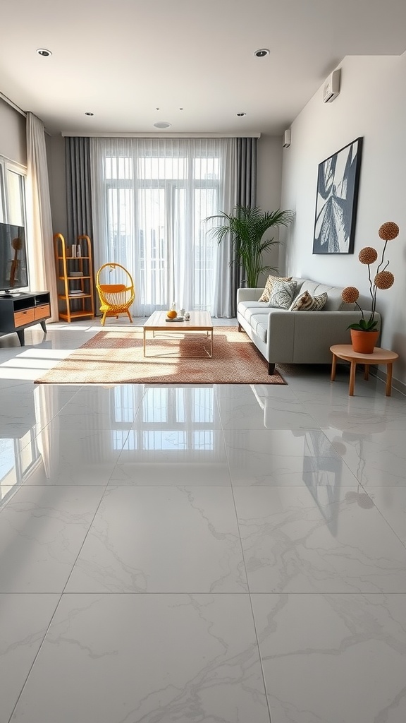 A modern living room with pearl epoxy flooring and an area rug.