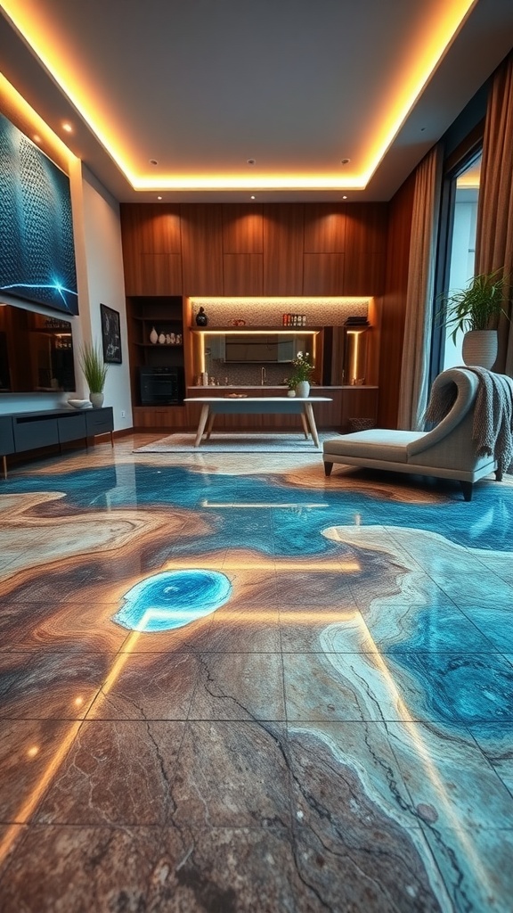 A modern living room showcasing an epoxy floor with built-in lighting, featuring rich colors and a striking design.