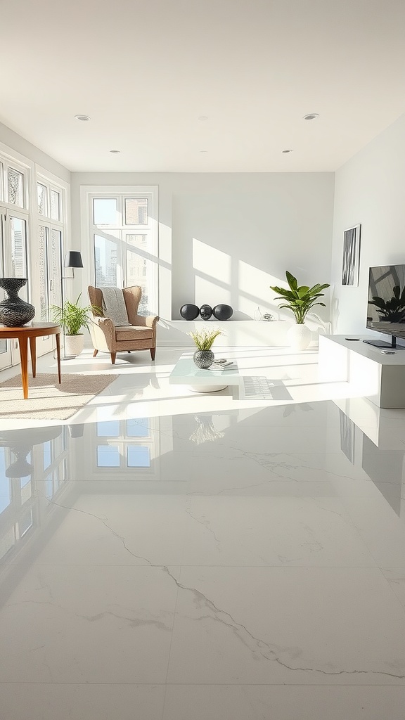 Living room with a custom art epoxy floor featuring vibrant colors and patterns, large windows, and neutral furniture.