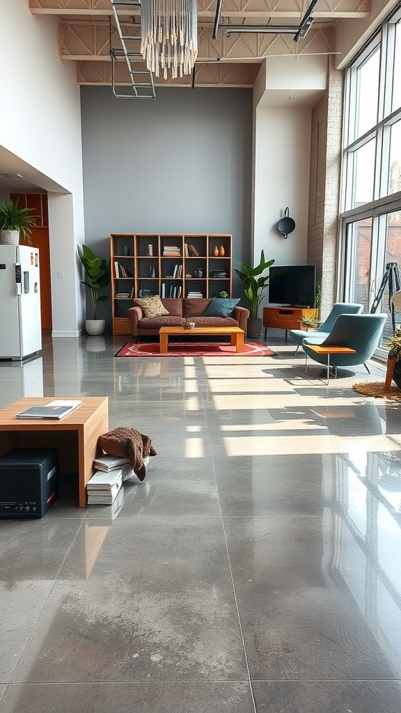 Modern living room featuring polished concrete flooring and stylish furniture.