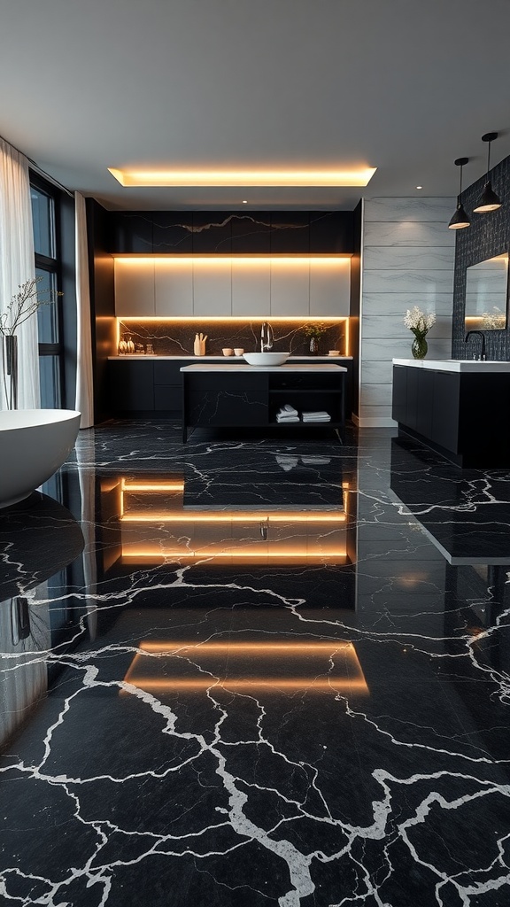Luxurious room with black epoxy floor featuring white veining, highlighting modern design.