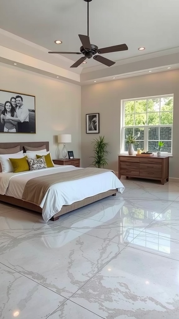 A cozy bedroom featuring epoxy flooring with embedded leaf designs, wooden furniture, and soft lighting.