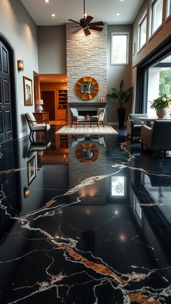 Luxury black marble epoxy floor in a modern living room, showcasing elegant design and stylish decor.