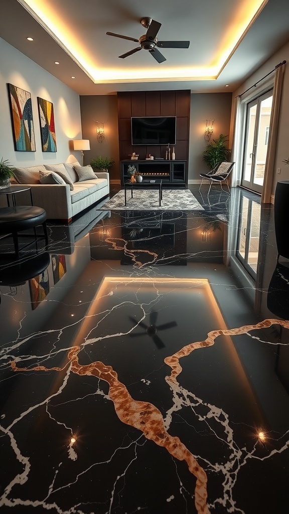 A beautifully designed living room featuring a black marble epoxy floor with embedded LED lighting.