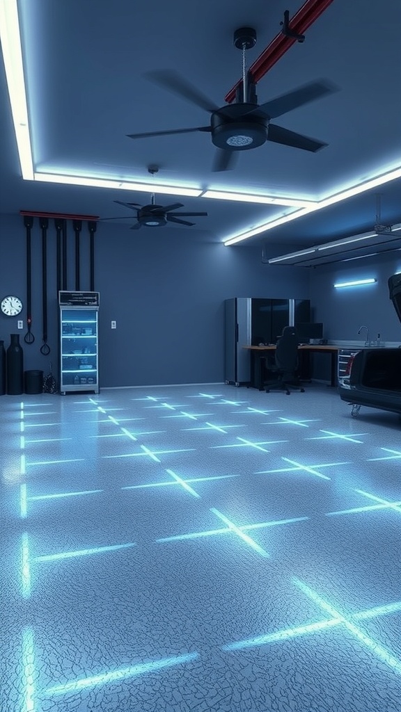 A worker applying epoxy on a floor with embedded LED lights.