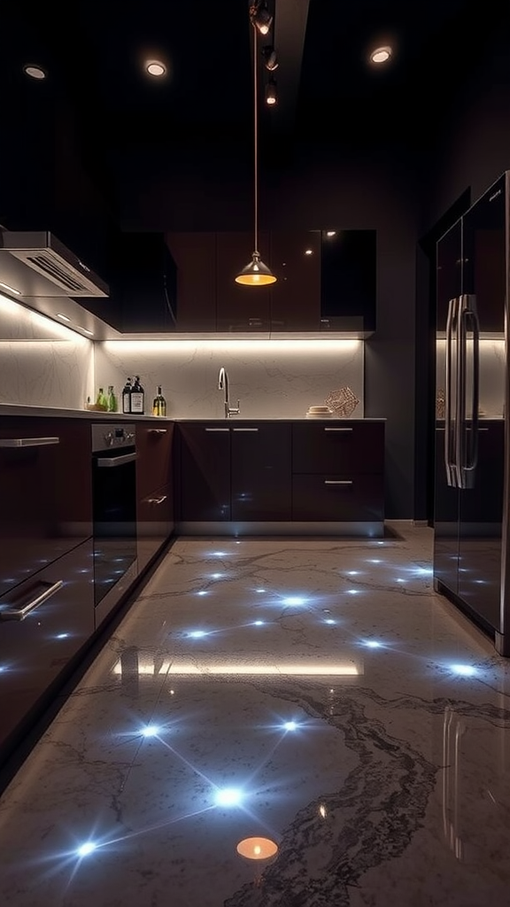Modern kitchen featuring stylish epoxy flooring with embedded lighting.