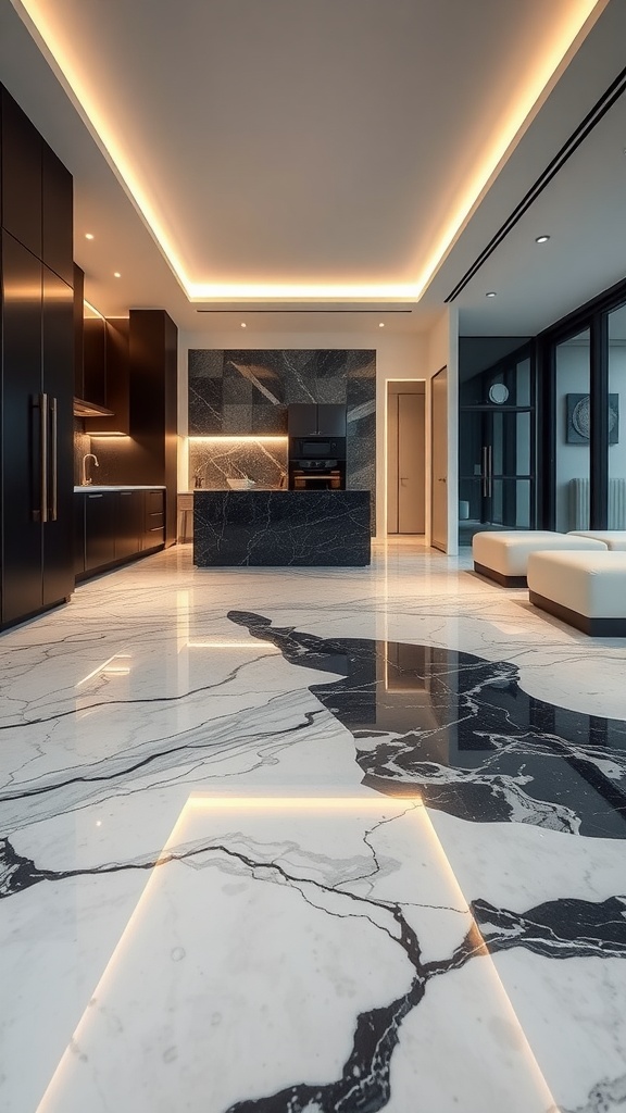 Luxurious interior featuring marble epoxy floors with modern design elements