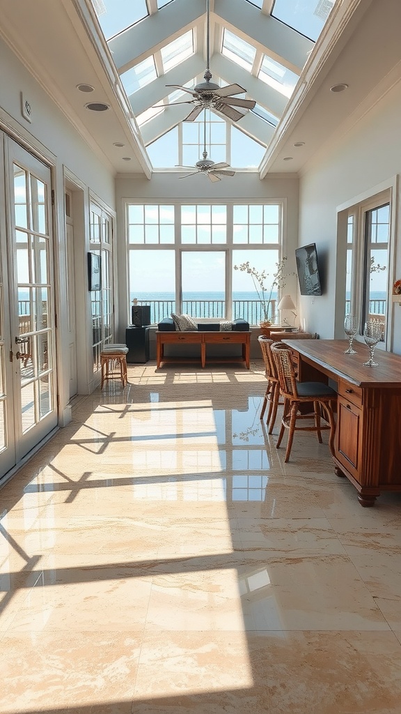 A bright room with a glossy epoxy floor featuring embedded seashells, coins, and the words '41 BEACH HOUSE'.