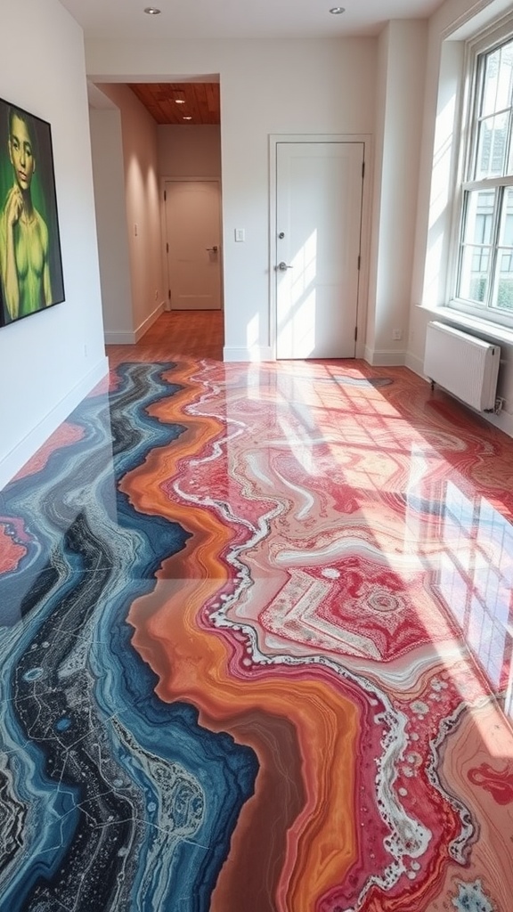 Epoxy floor featuring embedded seashells and a blue swirling design.