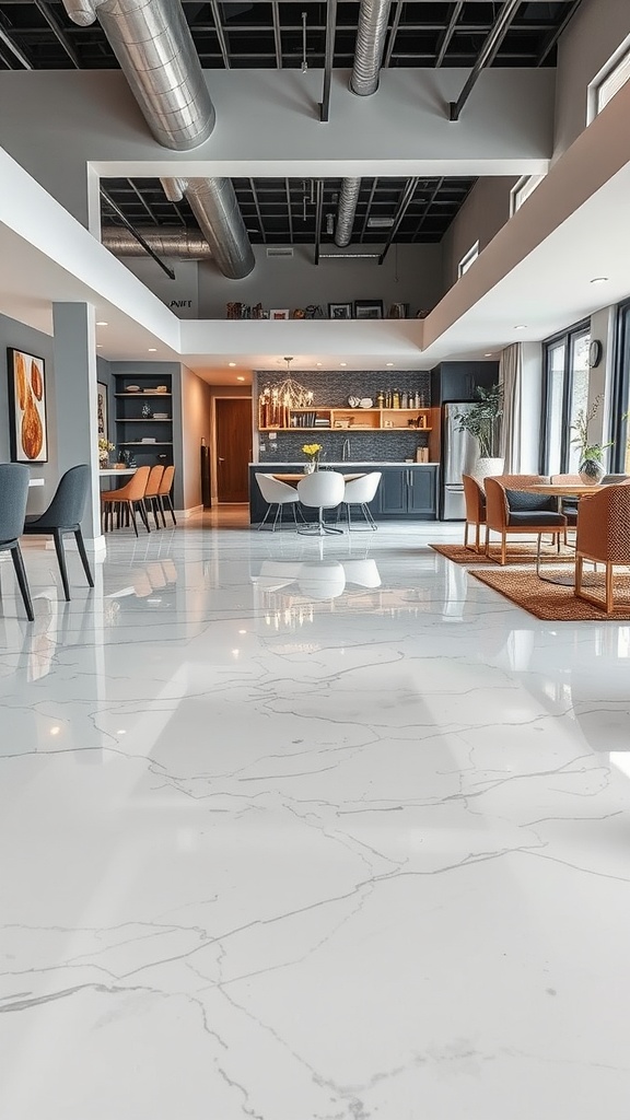 A modern home interior featuring sleek white and grey epoxy floors with an embedded design.