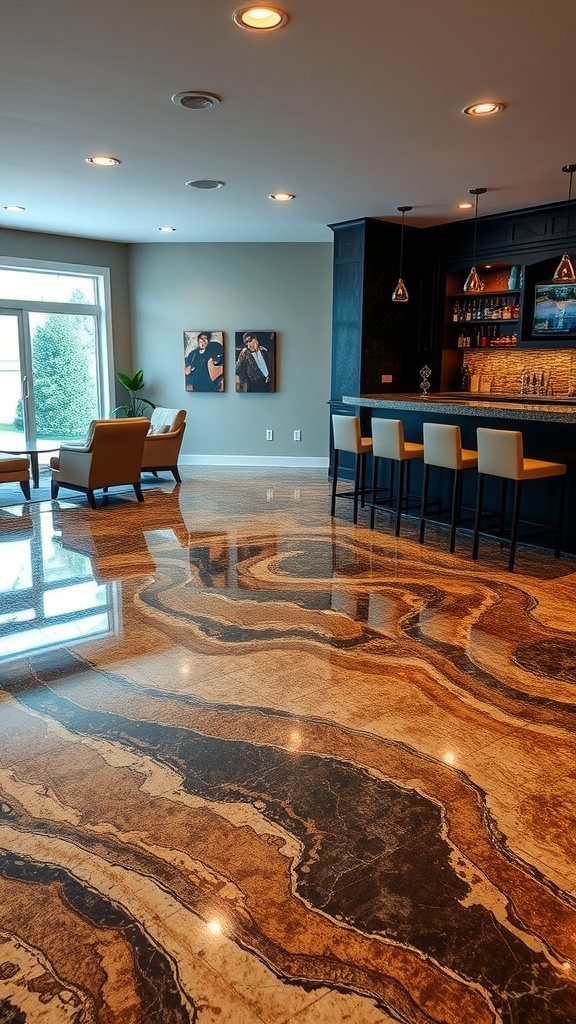 A stylish home bar with a polished resin floor that resembles marble, featuring swirling patterns in rich colors.