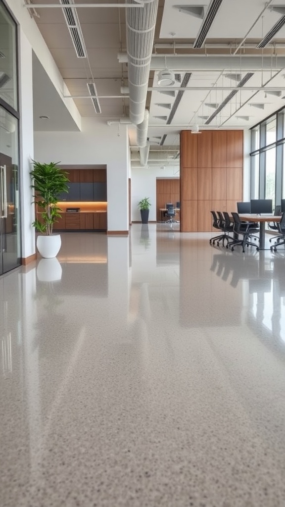 Geometric patterned epoxy floor in a modern interior with artistic elements.