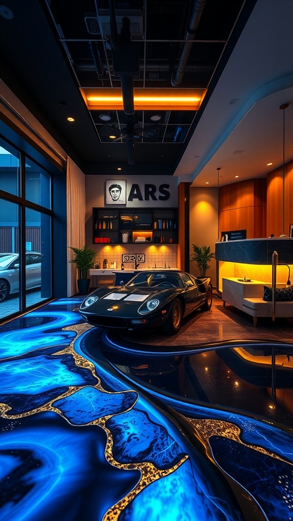 An elegant room with a glow-in-the-dark epoxy floor featuring blue and gold hues, a vintage car, and modern decor.