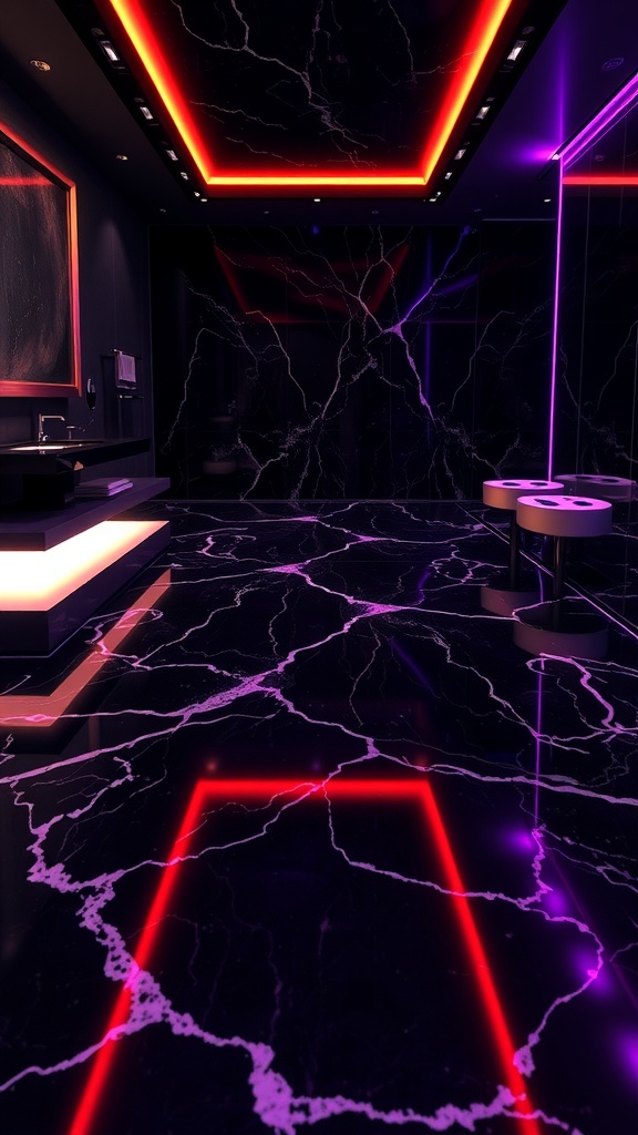 Luxurious black marble epoxy floor with LED lighting