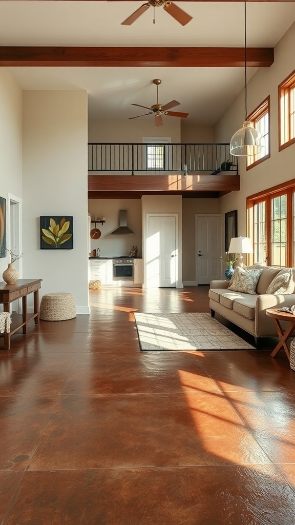 A spacious living room featuring brown epoxy floors, wooden beams, and large windows, showcasing a blend of rustic charm and modern design.