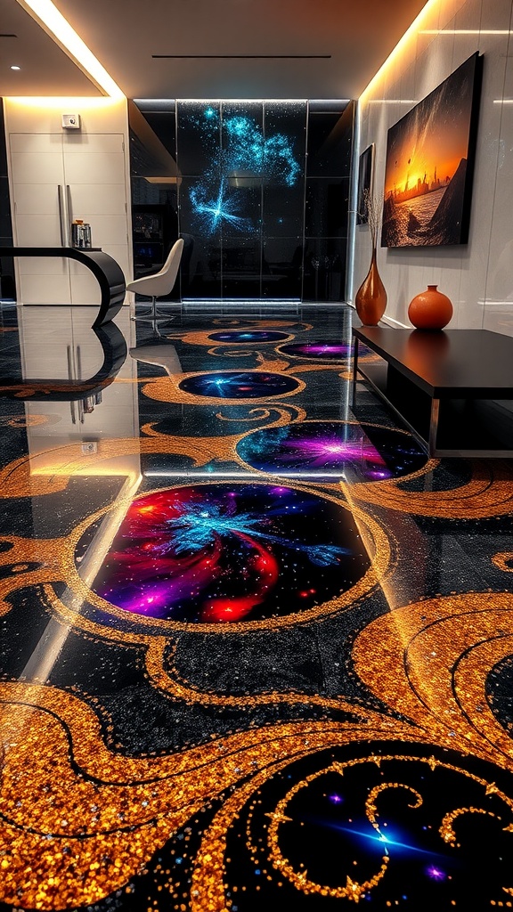 Living room featuring epoxy floor with sparkling glitter effects and colorful designs