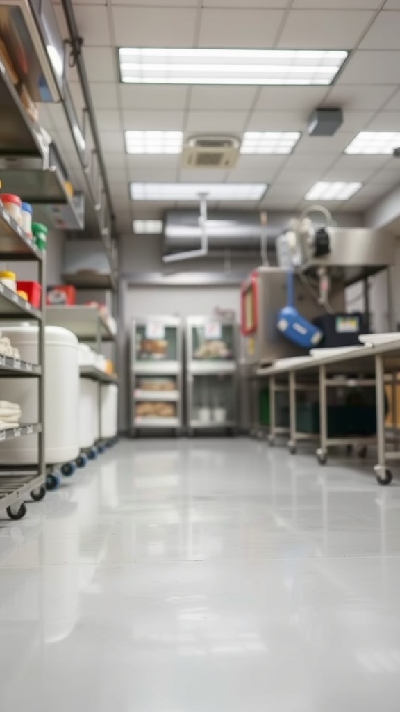 A clean food processing facility showcasing smooth epoxy flooring with shelves and equipment.