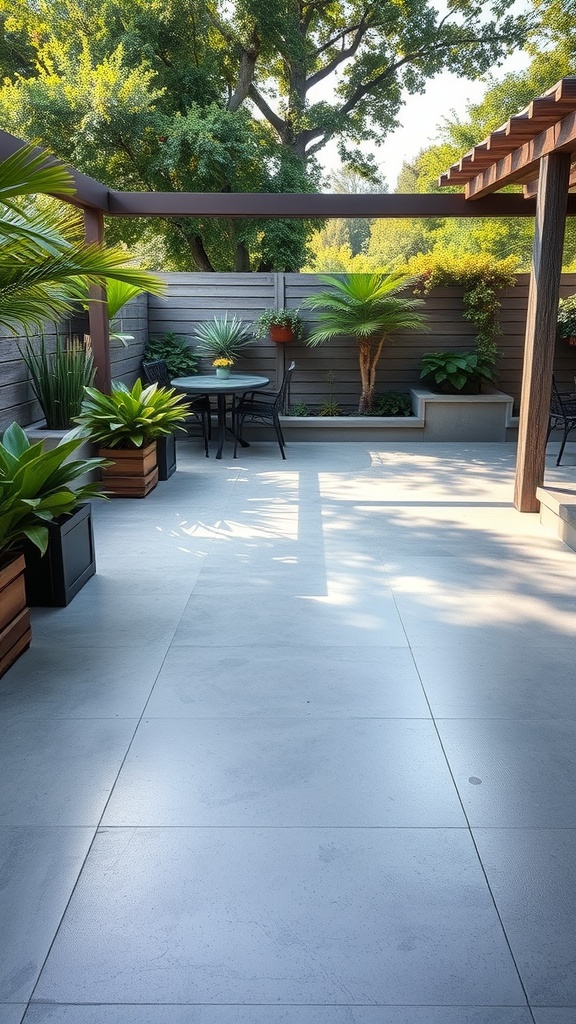 An elegant outdoor space featuring a polished epoxy floor with a marble-like design, surrounded by lush greenery.