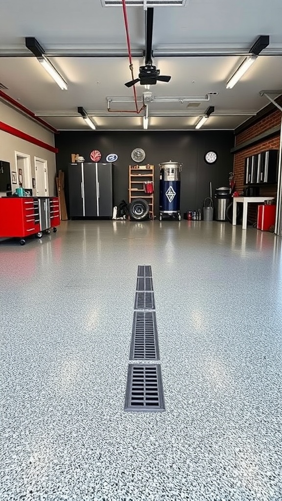An epoxy garage floor with a marbled design and integrated drainage, showcasing a stylish and functional space