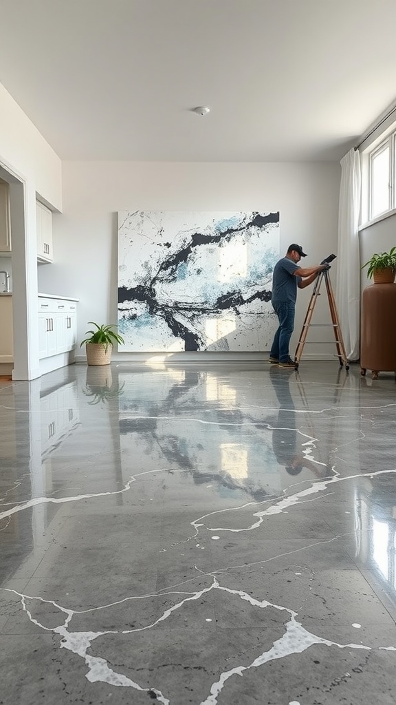A modern living room with a glossy gray epoxy concrete floor and an artist setting up a painting.