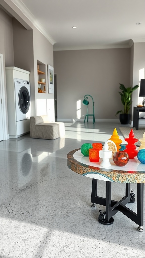 A modern living room with a gray epoxy floor and colorful resin objects on a table.