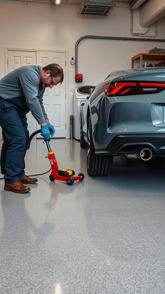 A person working on a car in a garage with a gray epoxy floor