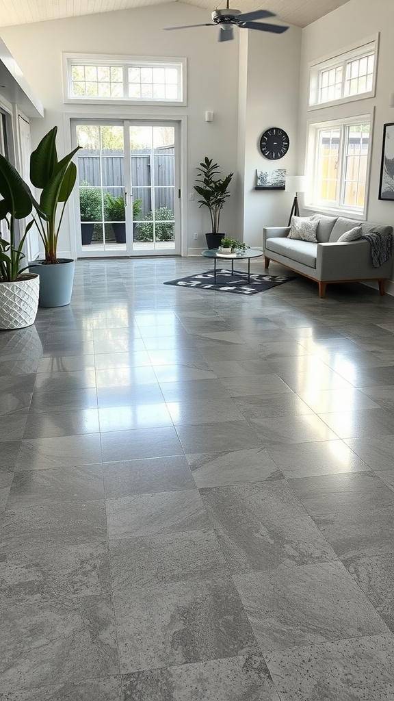 A modern living area showcasing a glossy gray epoxy floor, with plants and furniture.